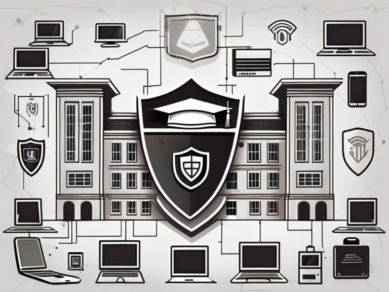 A school building with a shield symbolizing cybersecurity