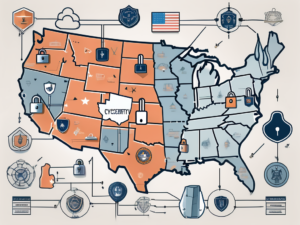 A map of the united states with individual states highlighted and symbolized by different cybersecurity related icons such as a shield