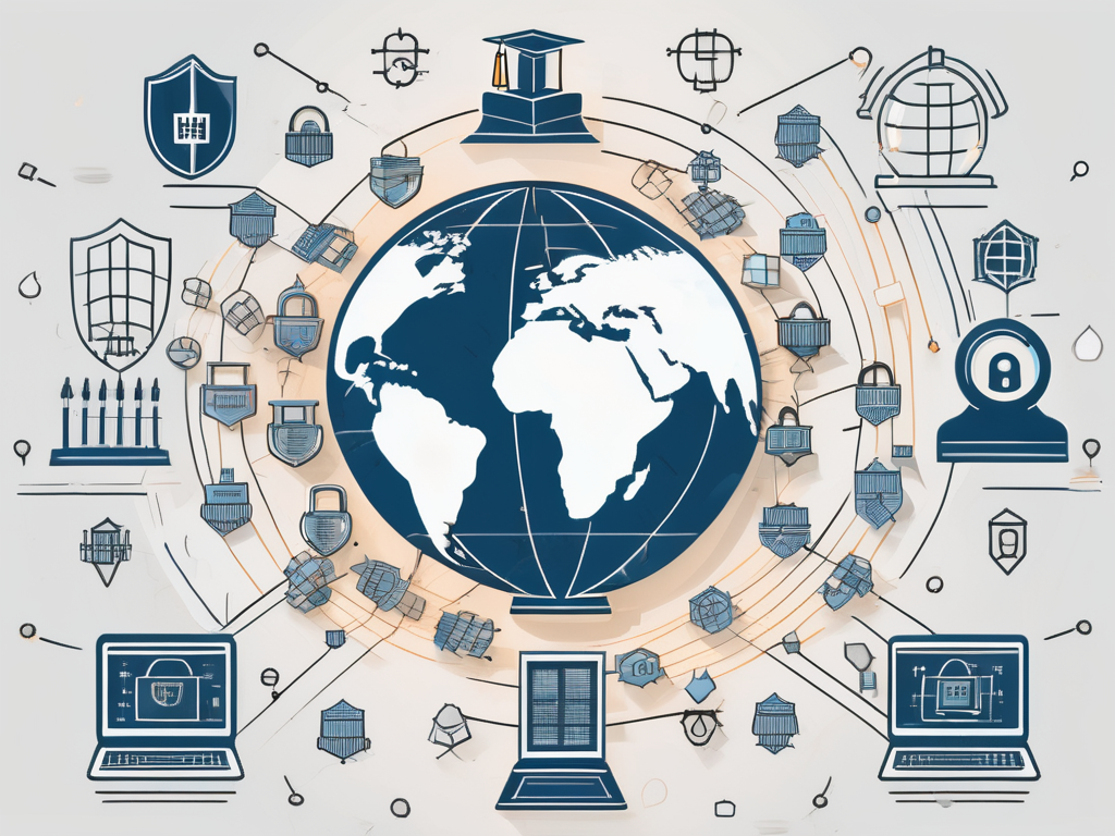 A globe surrounded by symbolic icons of cybersecurity such as a shield