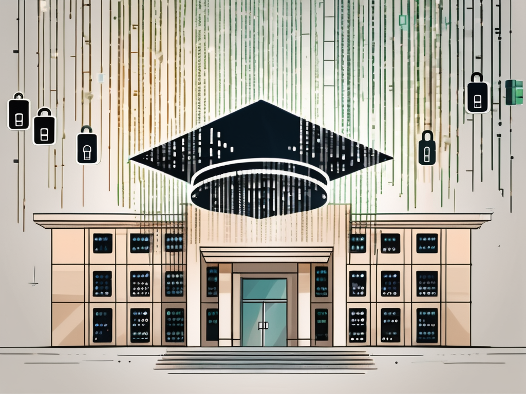 A high school building with a digital lock on the entrance and a graduation cap made of binary code floating above it