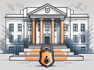 A government building with digital locks and shields symbolizing cybersecurity